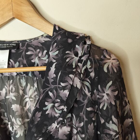 Jones New York Floral Silk Wrap Blouse Sheer Flare Sleeve - Picture 7 of 10